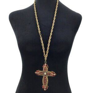 Vintage Y2K Cross Necklace Red Enamel Gold Tone Faux Pearl Rhinestone Long Chain